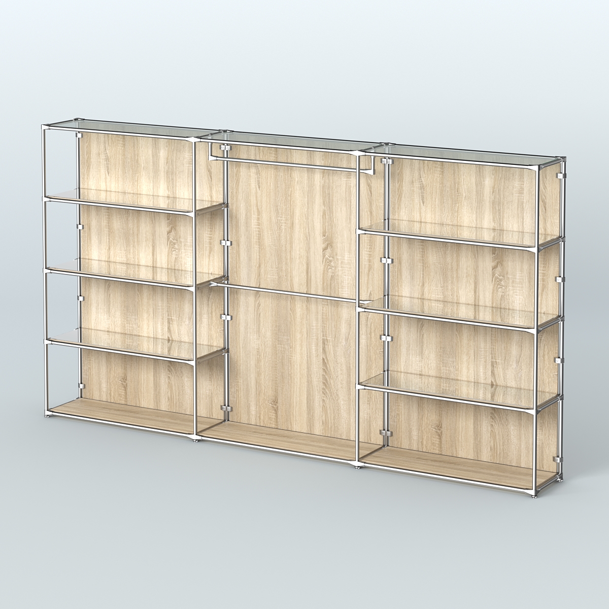 Торговая система ХРОМ (задняя стенка - ДСП) 3600 мм с зеркальными полками и поручнями №1 Дуб Сонома