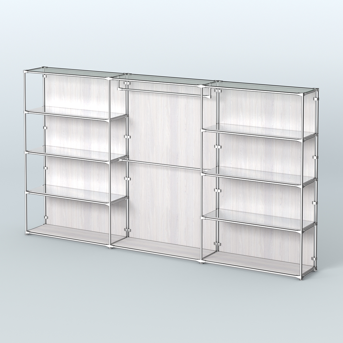 Торговая система ХРОМ (задняя стенка - ДСП) 3600 мм с зеркальными полками и поручнями №1 Ясень Анкор светлый