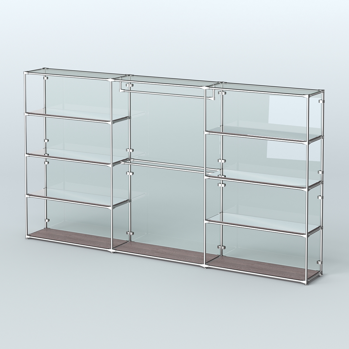 Торговая система ХРОМ (задняя стенка - стекло) 3600 мм с зеркальными полками и поручнями №1 Ясень Анкор темный