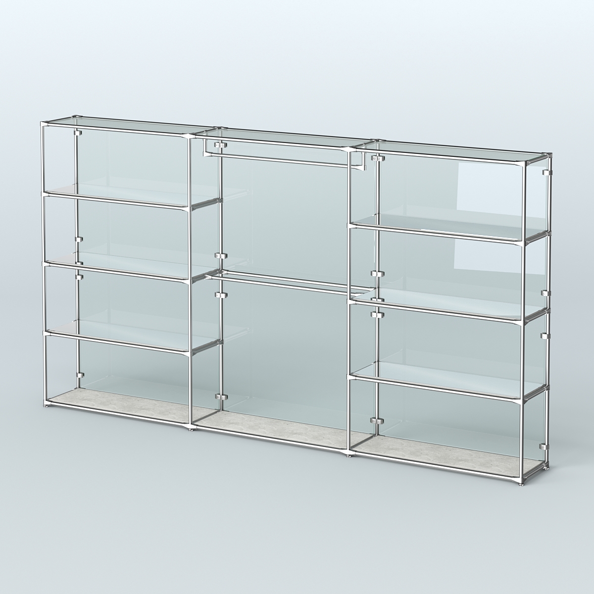 Торговая система ХРОМ (задняя стенка - стекло) 3600 мм с зеркальными полками и поручнями №1 Метрополитан Грей