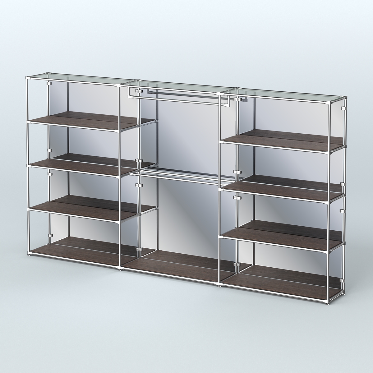 Торговая система ХРОМ (задняя стенка - зеркало) 3600 мм с полками ДСП и поручнями №1 Дуб Венге