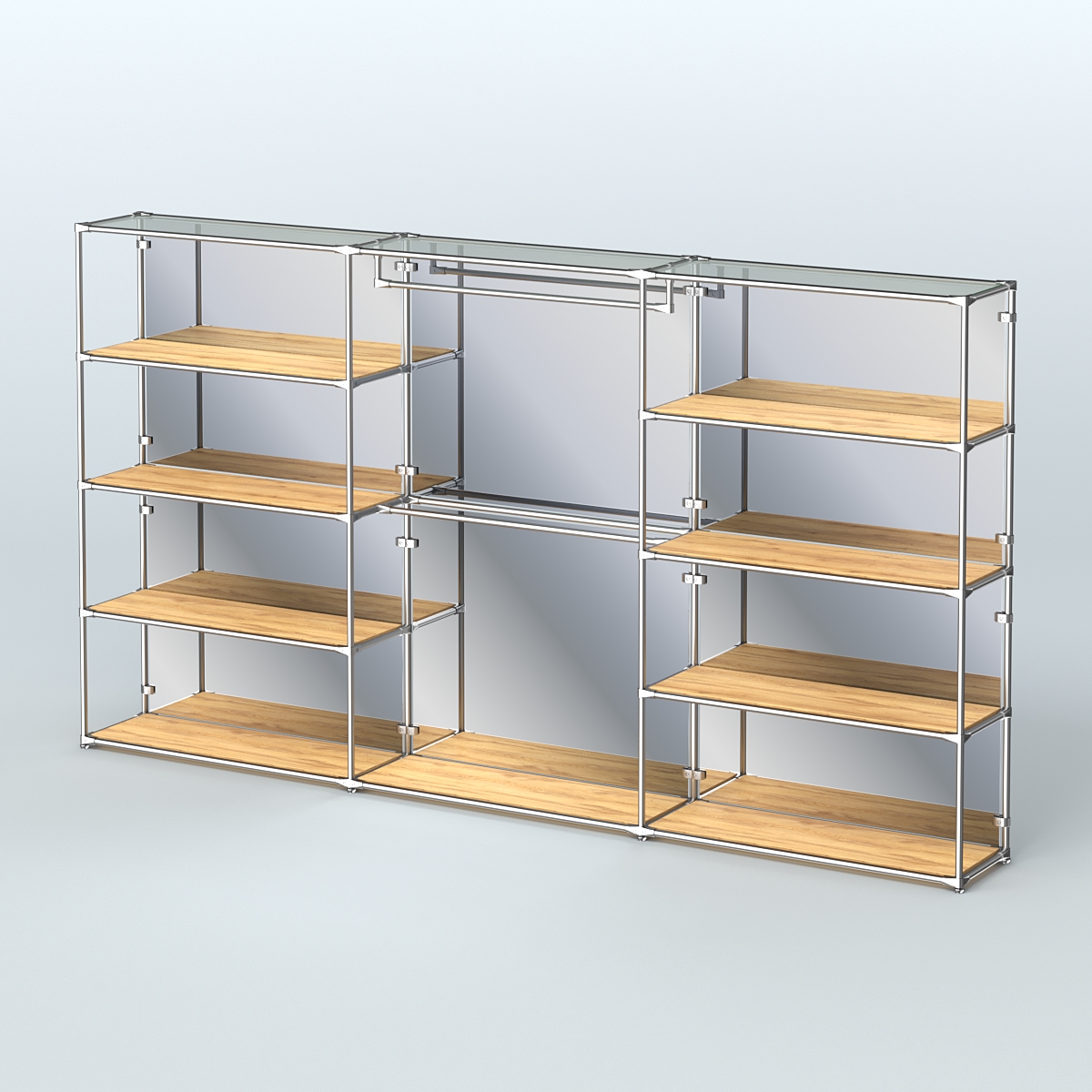 Торговая система ХРОМ (задняя стенка - зеркало) 3600 мм с полками ДСП и поручнями №1 Дуб Золотистый