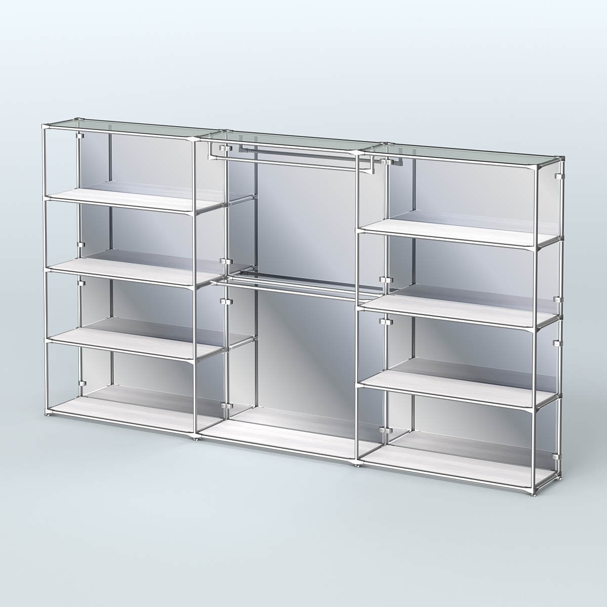 Торговая система ХРОМ (задняя стенка - зеркало) 3600 мм с полками ДСП и поручнями №1 Ясень Анкор светлый