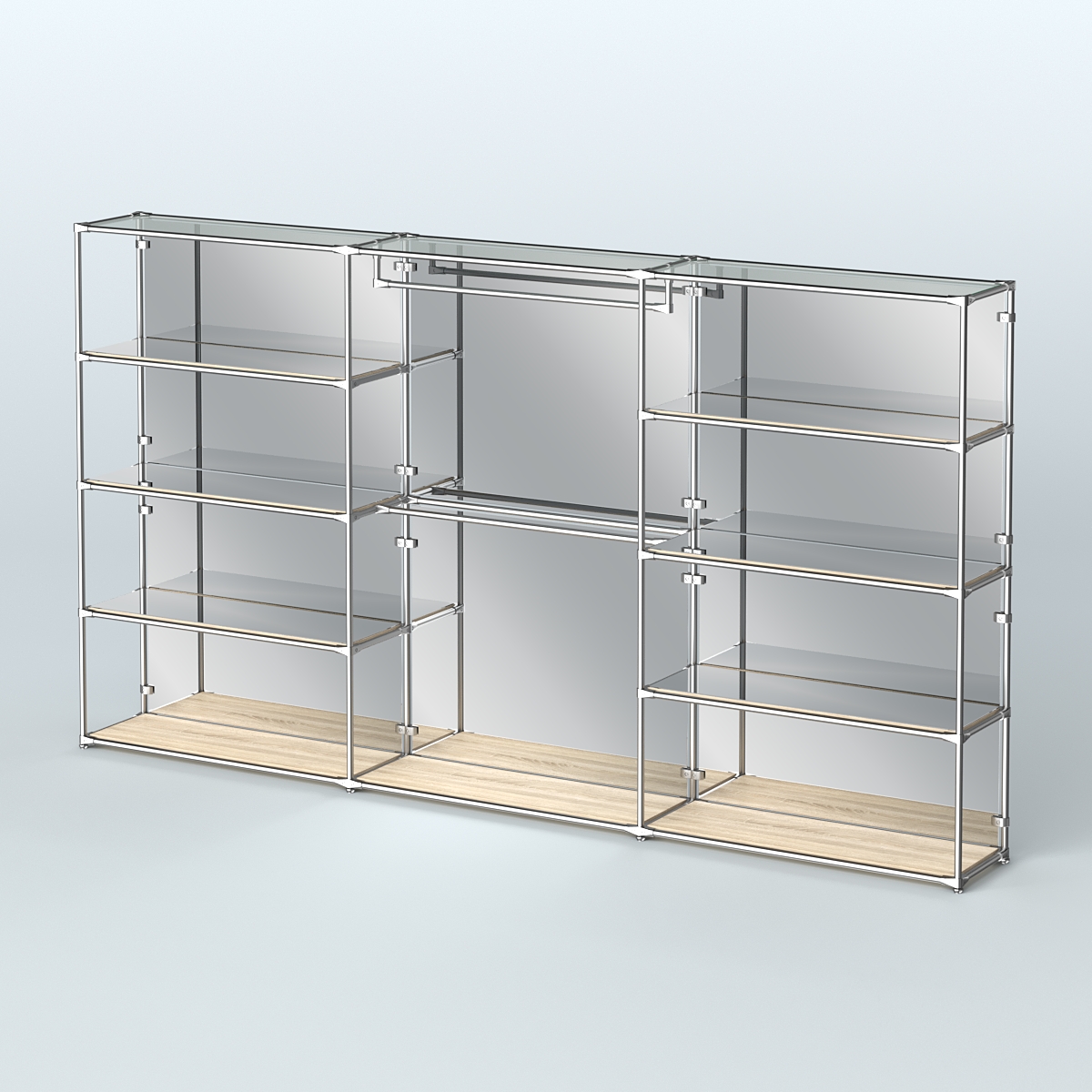 Торговая система ХРОМ (задняя стенка - зеркало) 3600 мм с зеркальными полками и поручнями №1 Дуб Сонома