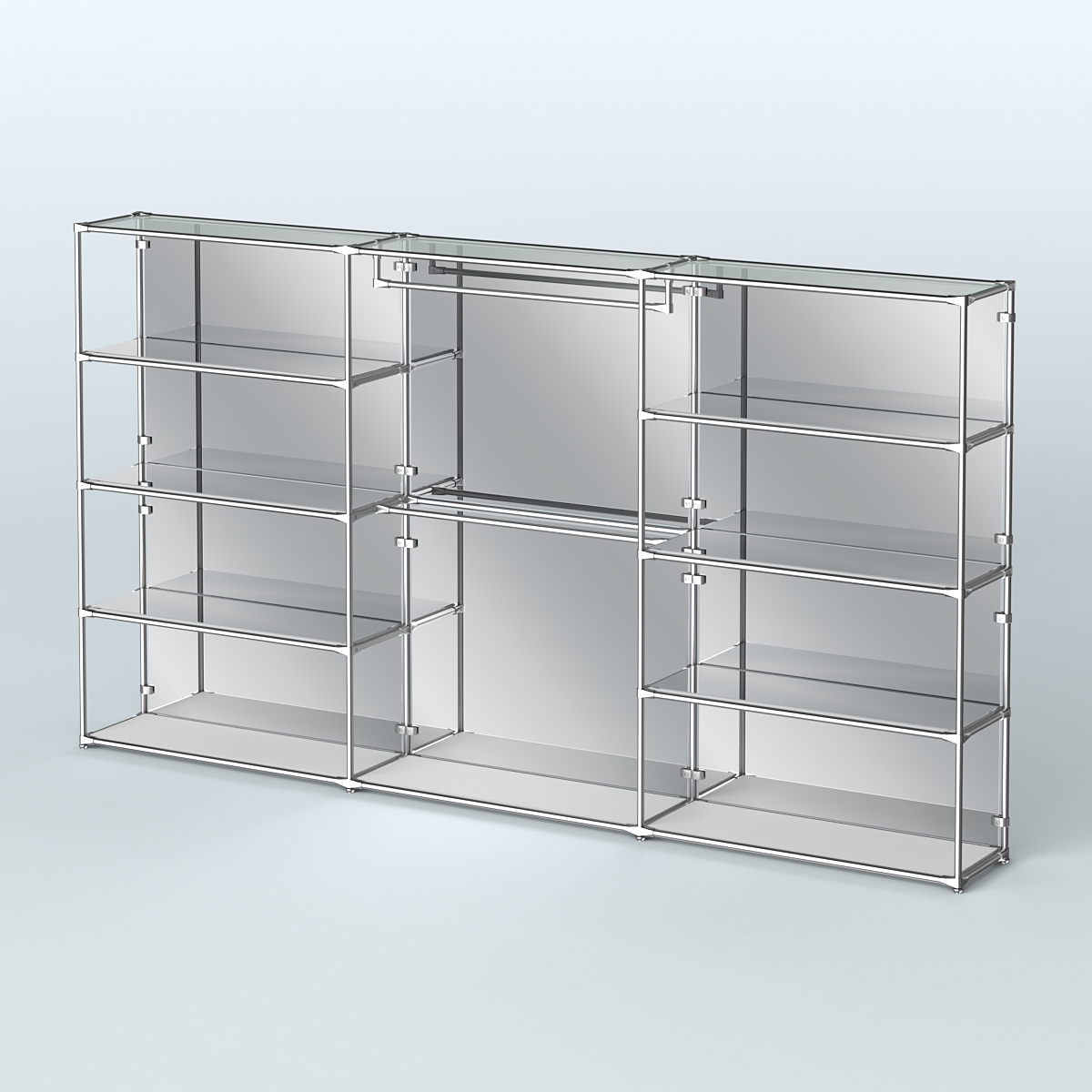 Торговая система ХРОМ (задняя стенка - зеркало) 3600 мм с зеркальными полками и поручнями №1 Серый