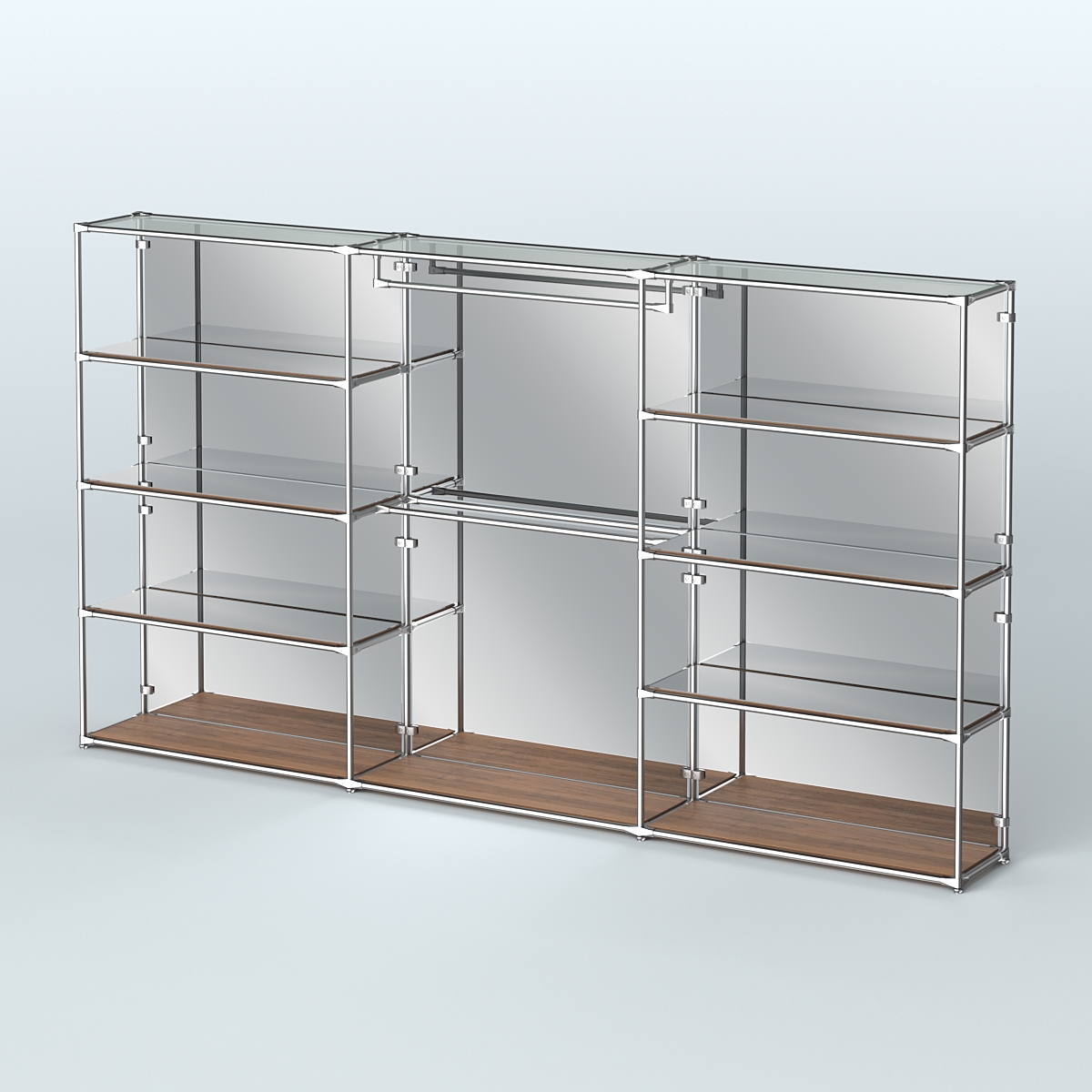 Торговая система ХРОМ (задняя стенка - зеркало) 3600 мм с зеркальными полками и поручнями №1 Орех