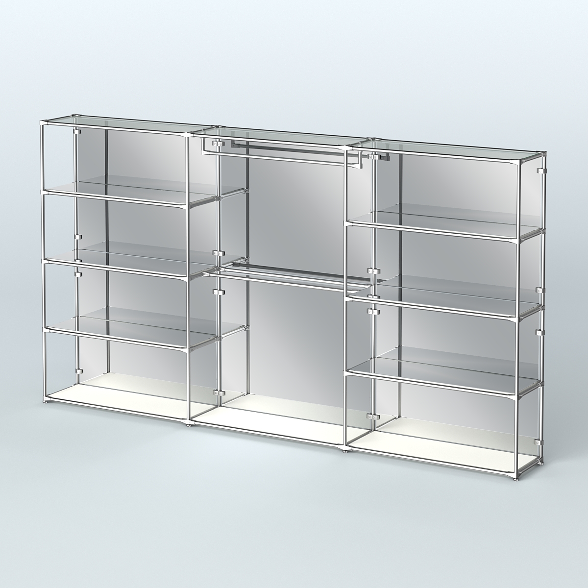 Торговая система ХРОМ (задняя стенка - зеркало) 3600 мм с зеркальными полками и поручнями №1 Белый