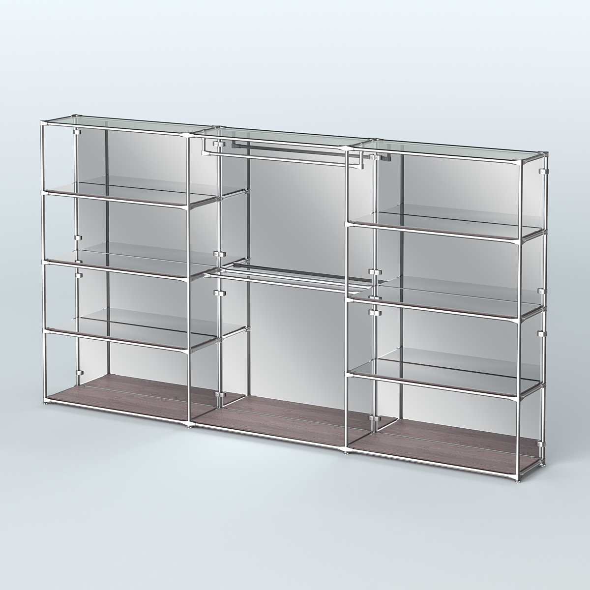 Торговая система ХРОМ (задняя стенка - зеркало) 3600 мм с зеркальными полками и поручнями №1 Ясень Анкор темный