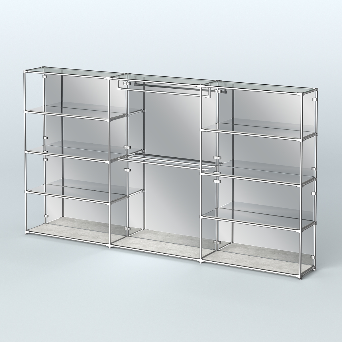 Торговая система ХРОМ (задняя стенка - зеркало) 3600 мм с зеркальными полками и поручнями №1 Метрополитан Грей