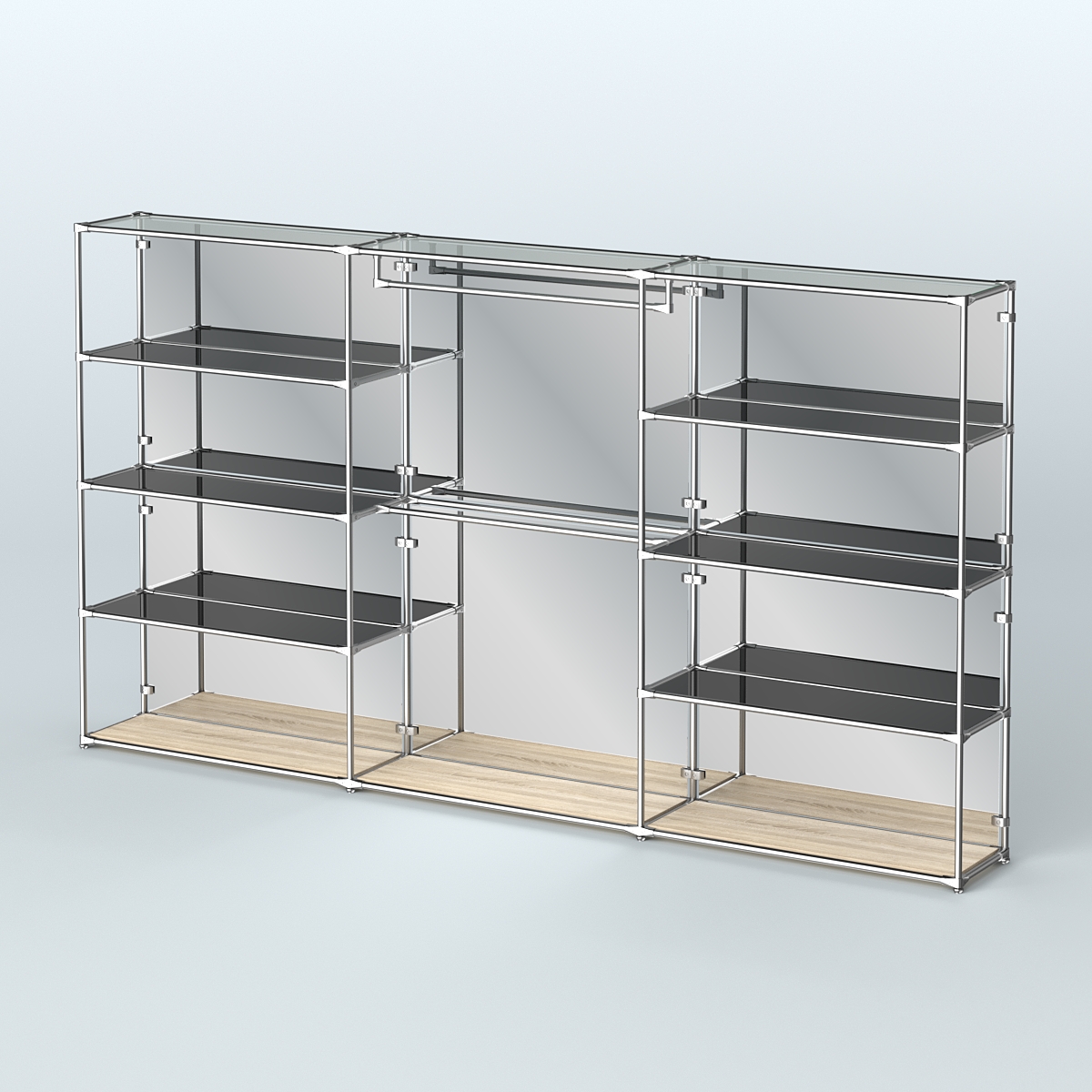 Торговая система ХРОМ (задняя стенка - зеркало) 3600 мм с тонированными полками и поручнями №1 Дуб Сонома