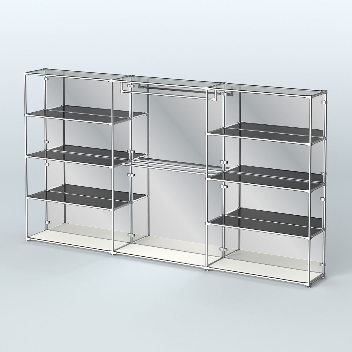 Торговая система ХРОМ (задняя стенка - зеркало) 3600 мм с тонированными полками и поручнями №1 Белый