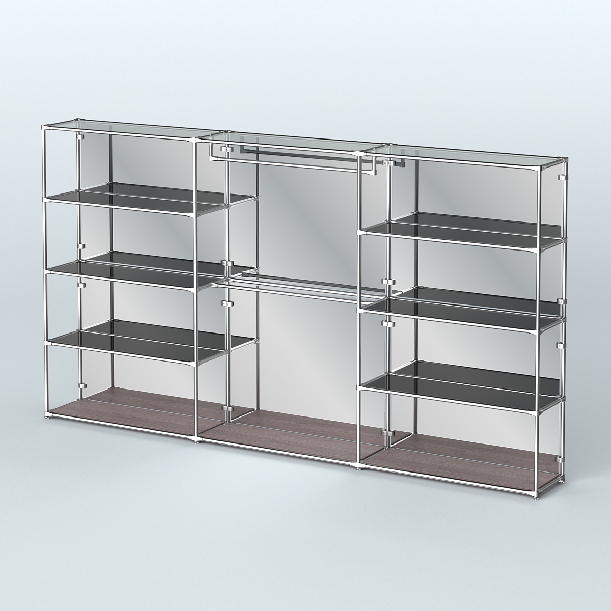 Торговая система ХРОМ (задняя стенка - зеркало) 3600 мм с тонированными полками и поручнями №1 Ясень Анкор темный