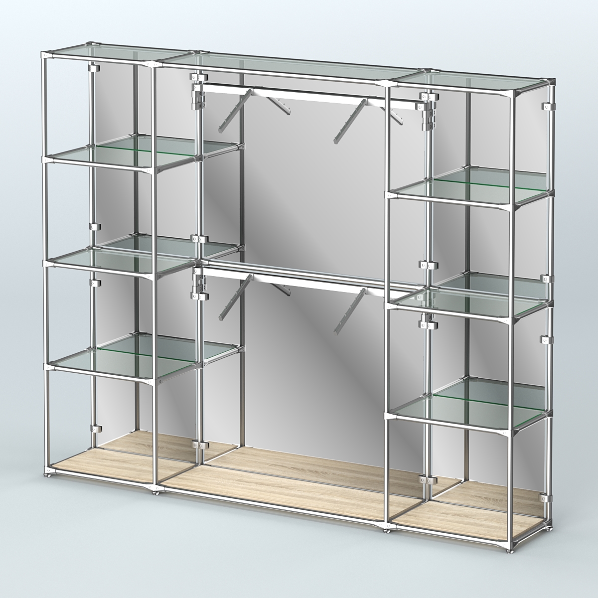 Торговая система ХРОМ (задняя стенка - зеркало) 2430 мм с прозрачными полками и поручнями №7 Дуб Сонома
