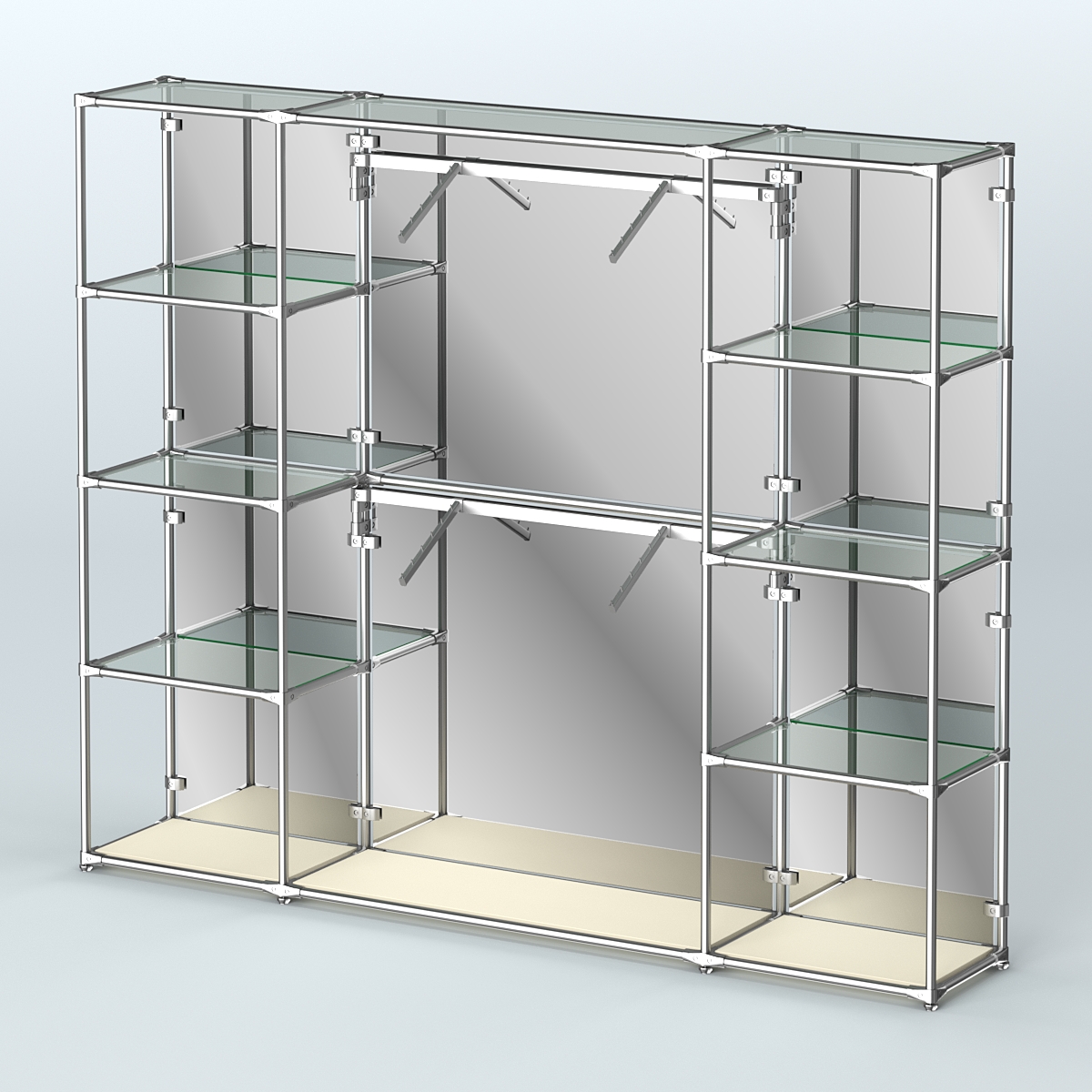 Торговая система ХРОМ (задняя стенка - зеркало) 2430 мм с прозрачными полками и поручнями №7 Крем Вайс