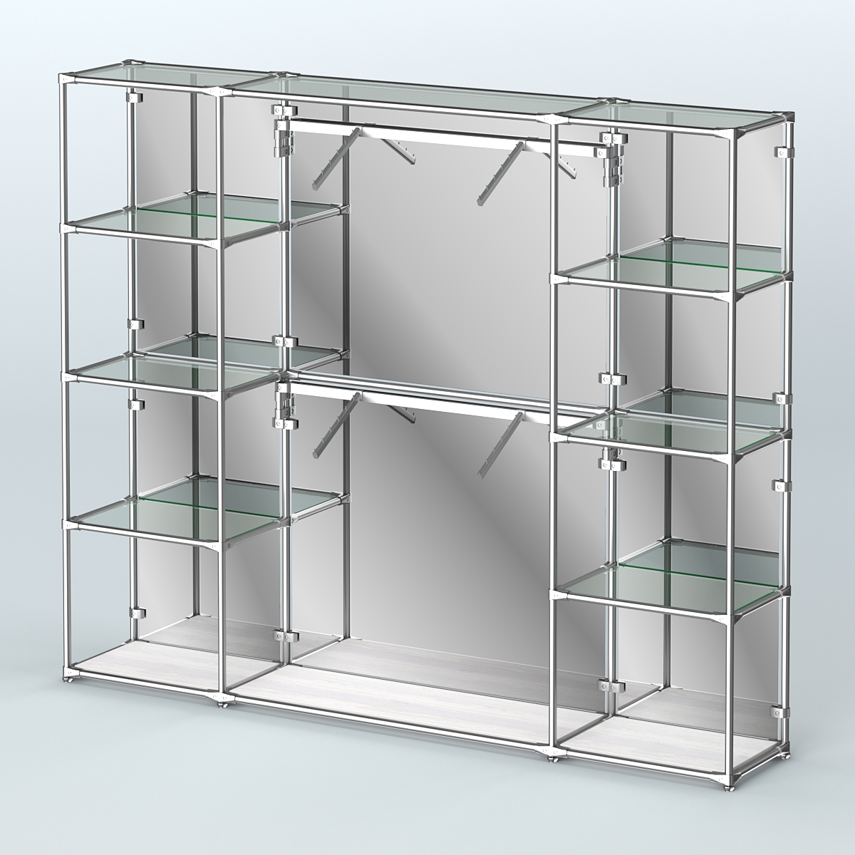 Торговая система ХРОМ (задняя стенка - зеркало) 2430 мм с прозрачными полками и поручнями №7 Ясень Анкор светлый