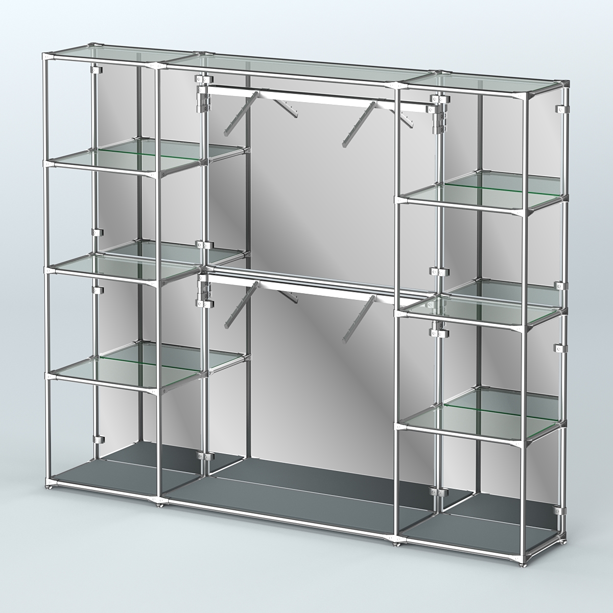 Торговая система ХРОМ (задняя стенка - зеркало) 2430 мм с прозрачными полками и поручнями №7 Темно-Серый