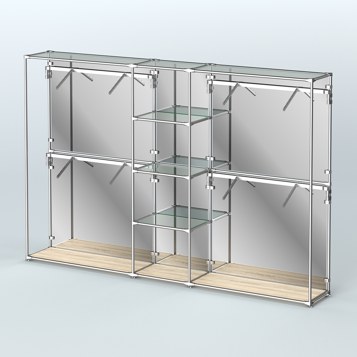 Торговая система ХРОМ (задняя стенка - зеркало) 3030 мм с прозрачными полками и поручнями №8 Дуб Сонома