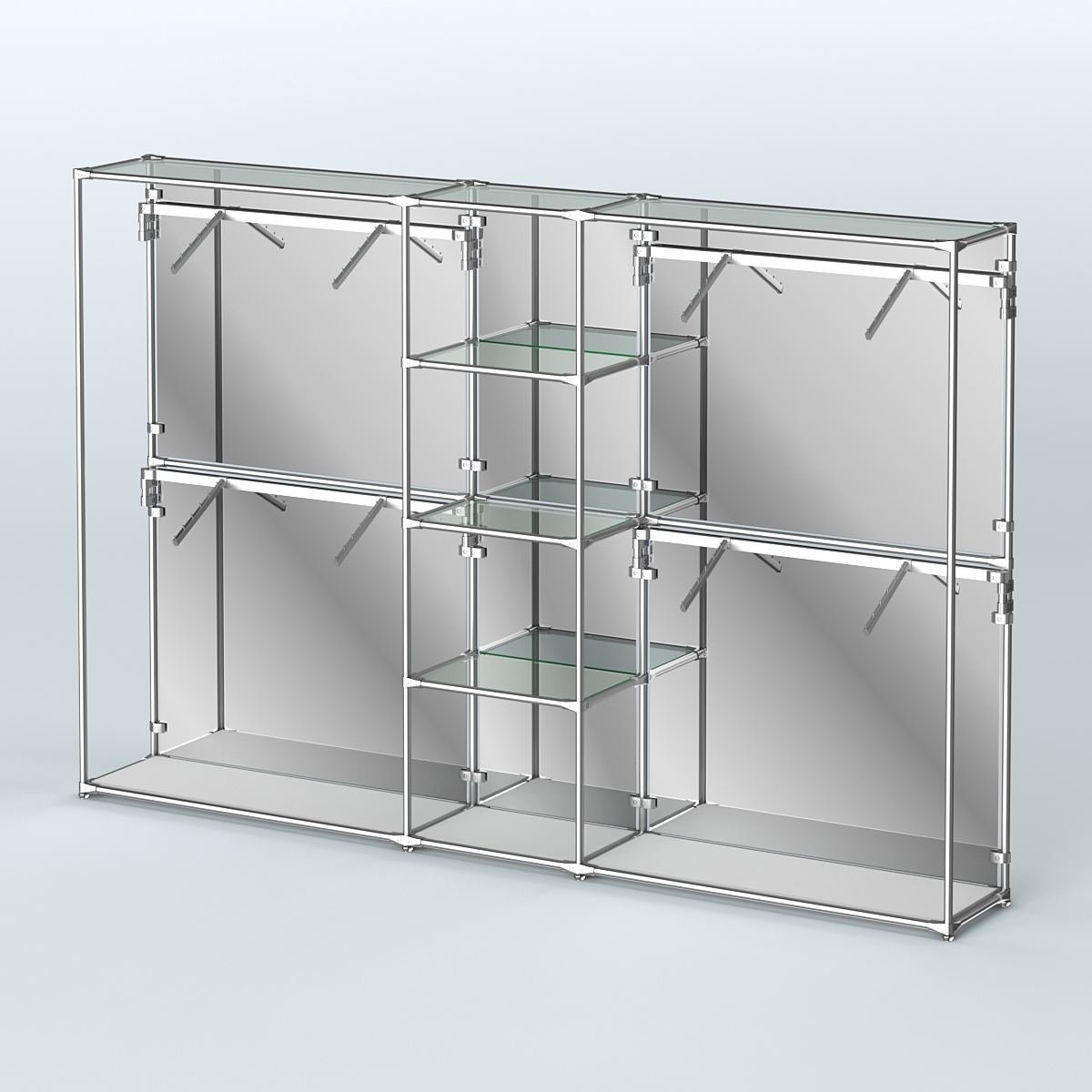 Торговая система ХРОМ (задняя стенка - зеркало) 3030 мм с прозрачными полками и поручнями №8 Серый