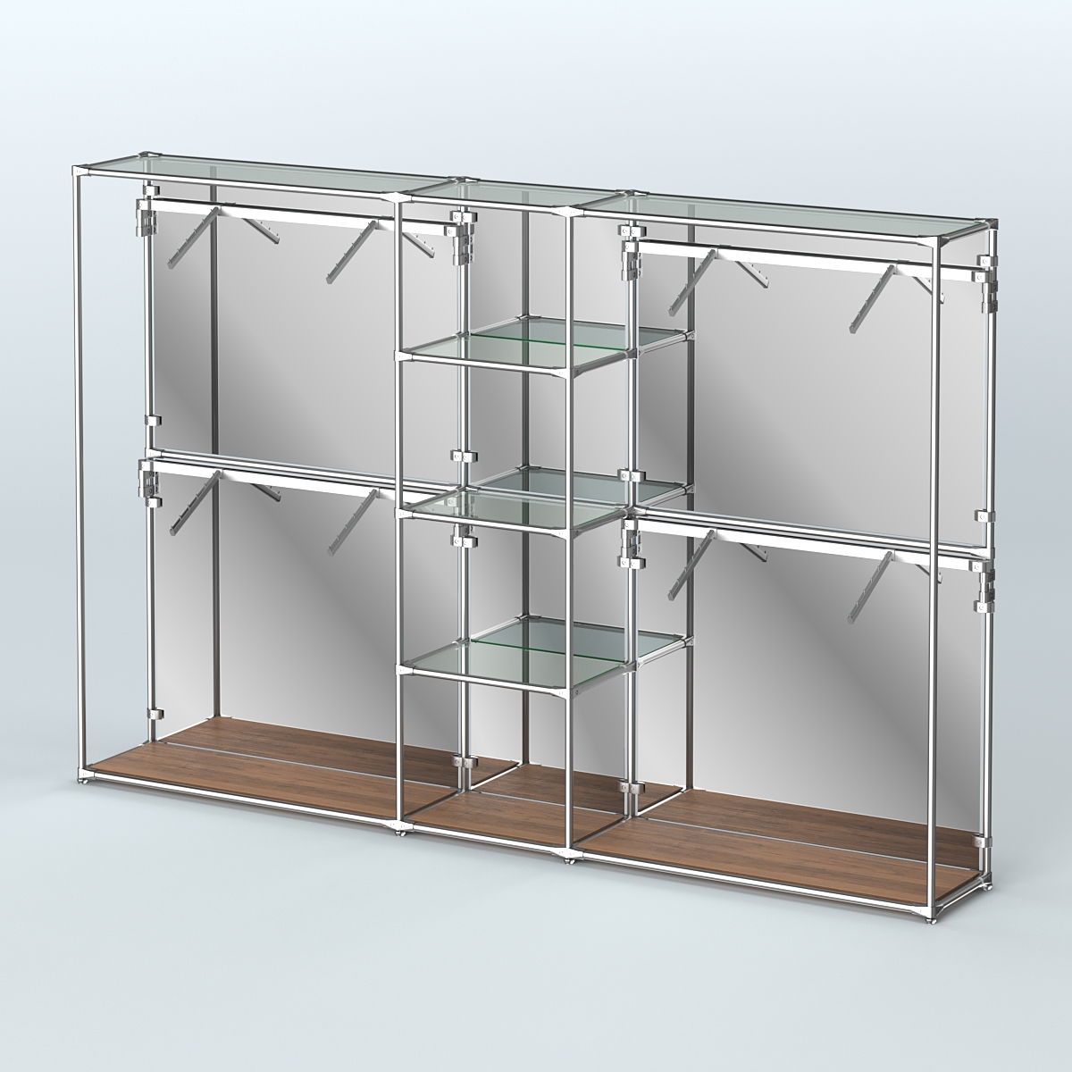 Торговая система ХРОМ (задняя стенка - зеркало) 3030 мм с прозрачными полками и поручнями №8 Орех
