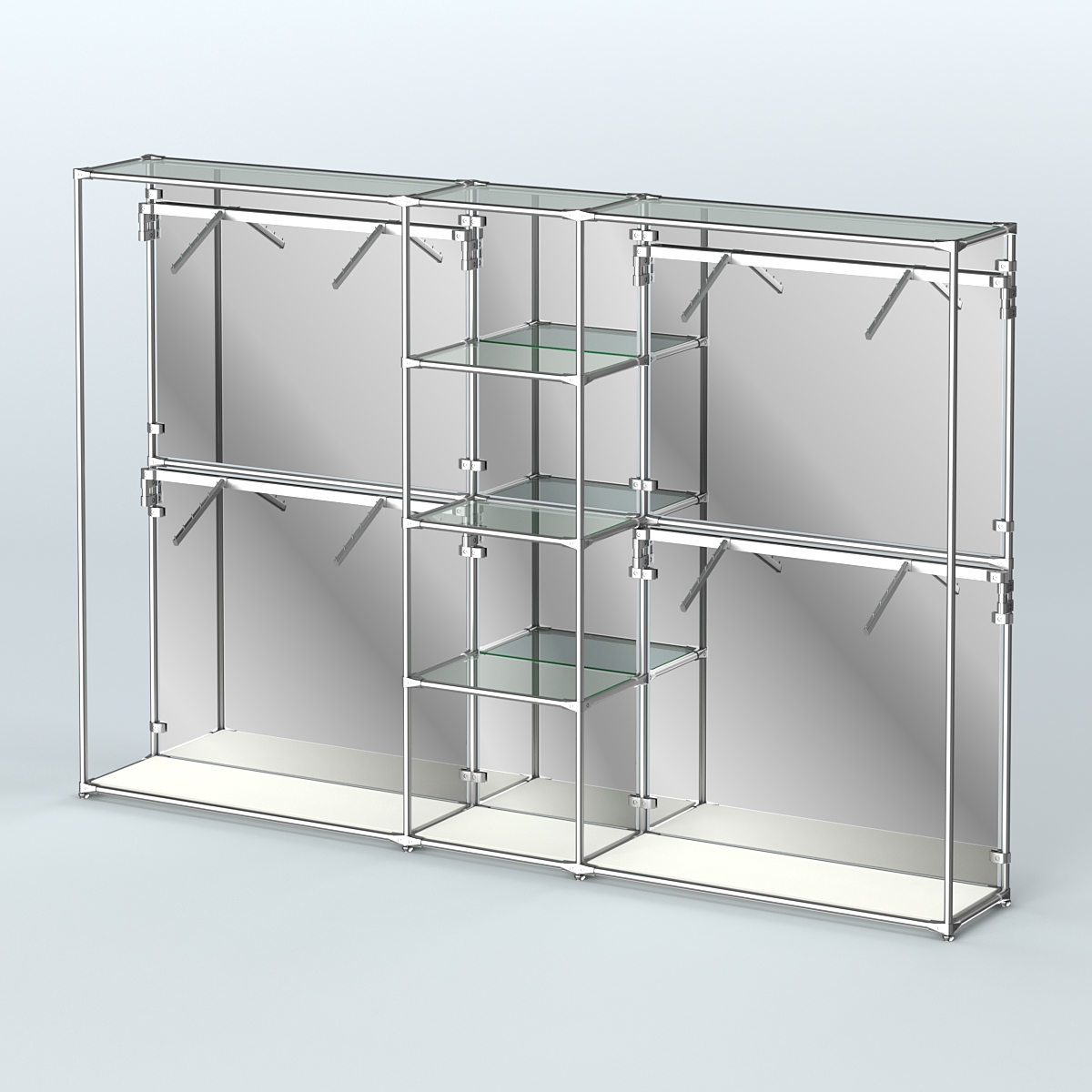 Торговая система ХРОМ (задняя стенка - зеркало) 3030 мм с прозрачными полками и поручнями №8 Белый