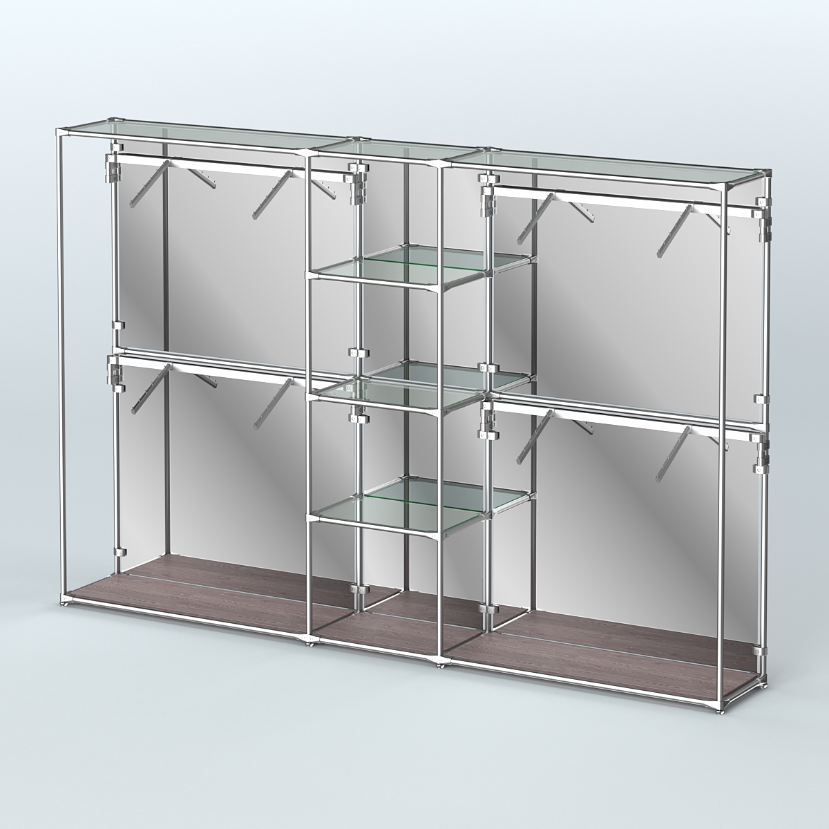 Торговая система ХРОМ (задняя стенка - зеркало) 3030 мм с прозрачными полками и поручнями №8 Ясень Анкор темный