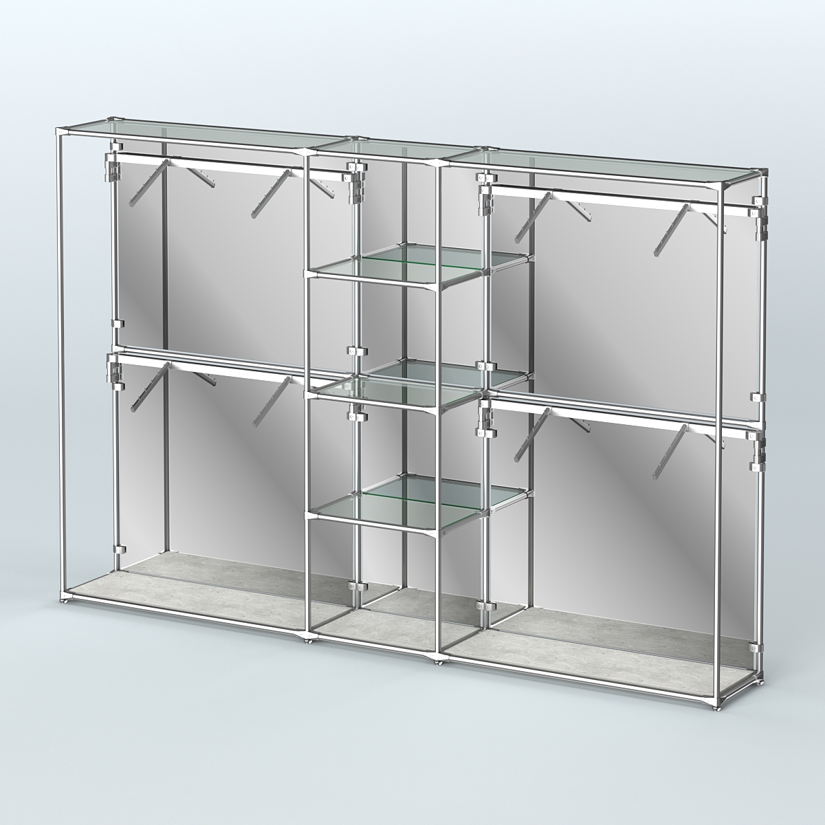 Торговая система ХРОМ (задняя стенка - зеркало) 3030 мм с прозрачными полками и поручнями №8 Метрополитан Грей