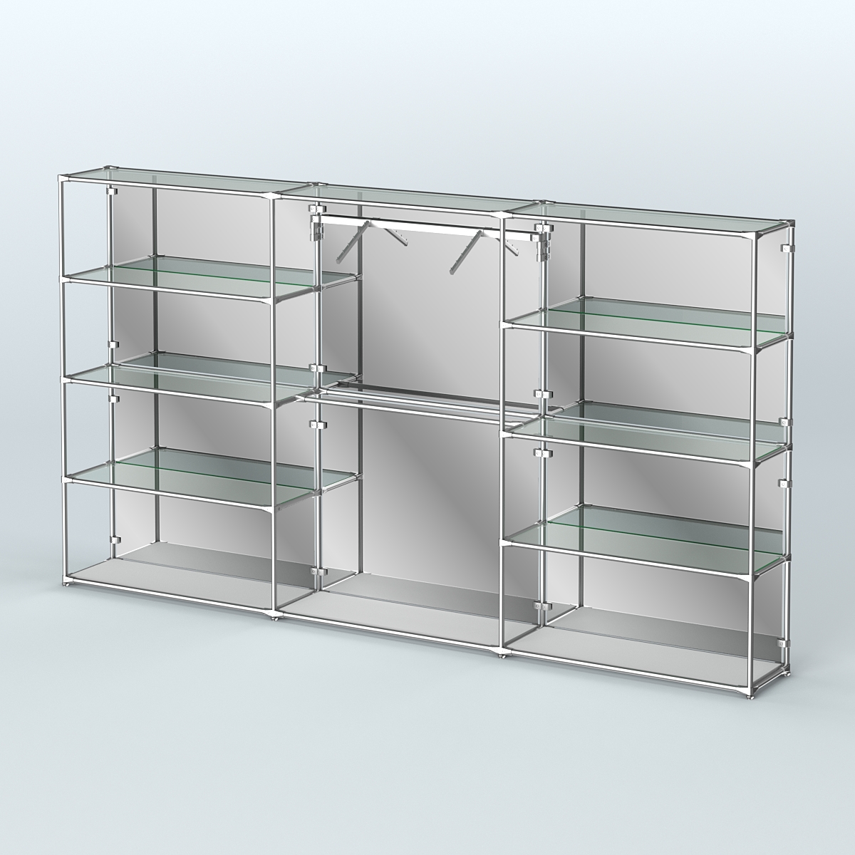 Торговая система ХРОМ (задняя стенка - зеркало) 3600 мм с прозрачными полками и поручнями №9 Серый
