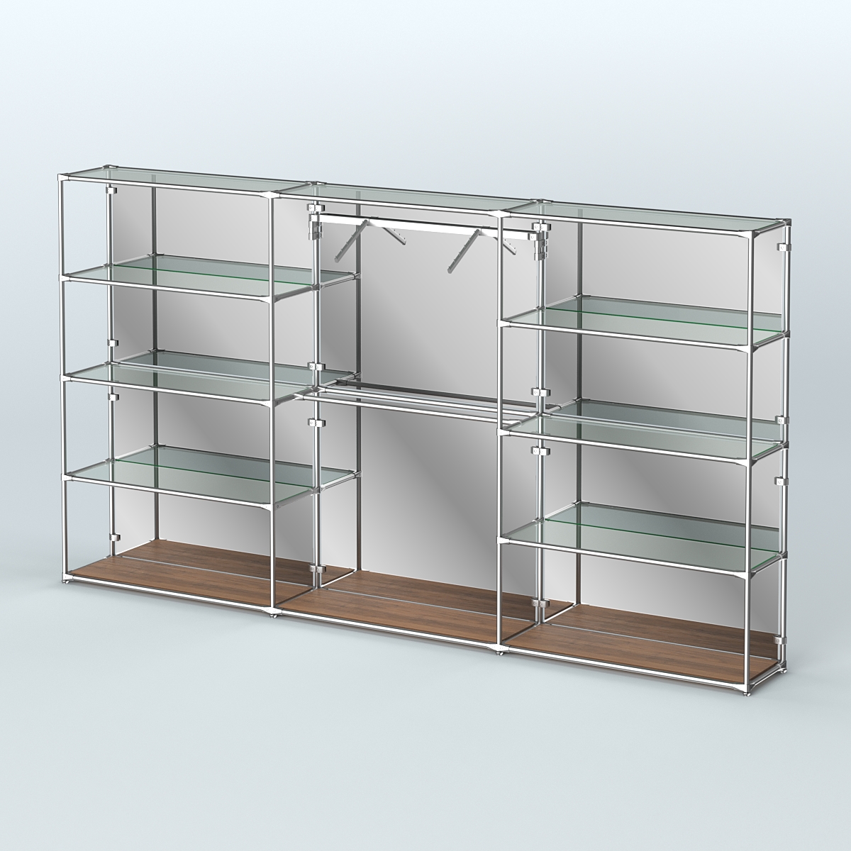 Торговая система ХРОМ (задняя стенка - зеркало) 3600 мм с прозрачными полками и поручнями №9 Орех