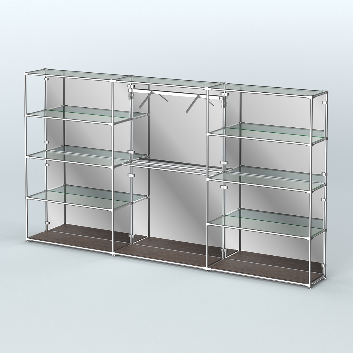 Торговая система ХРОМ (задняя стенка - зеркало) 3600 мм с прозрачными полками и поручнями №9 Дуб Венге