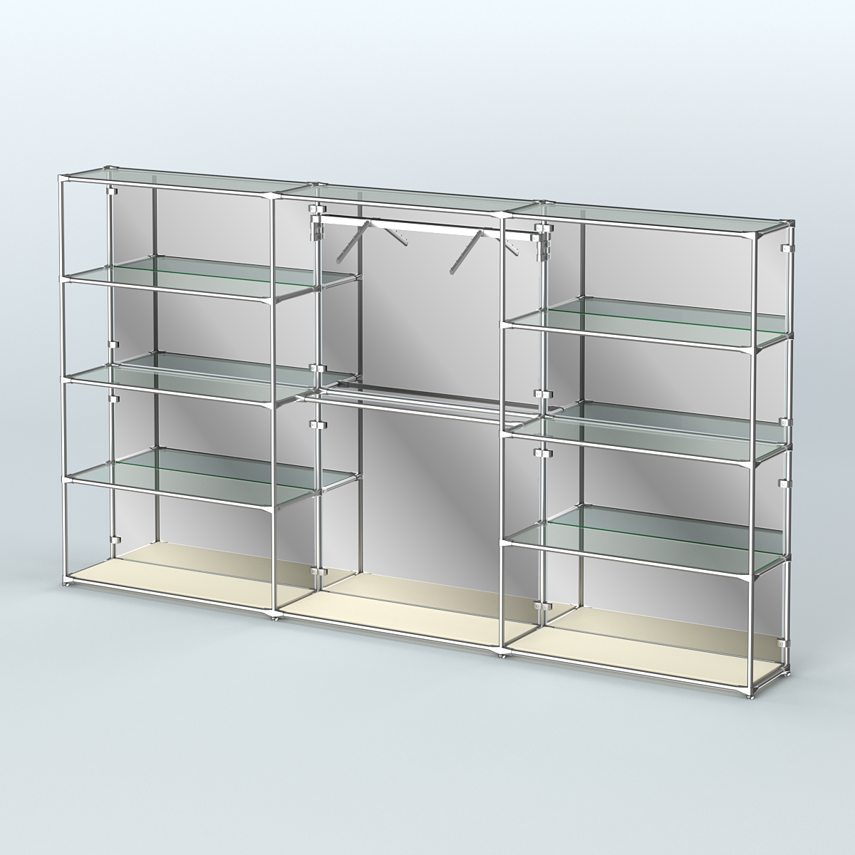Торговая система ХРОМ (задняя стенка - зеркало) 3600 мм с прозрачными полками и поручнями №9 Крем Вайс