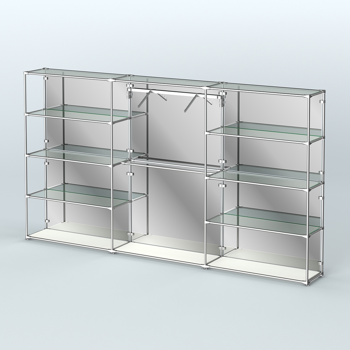 Торговая система ХРОМ (задняя стенка - зеркало) 3600 мм с прозрачными полками и поручнями №9 Белый