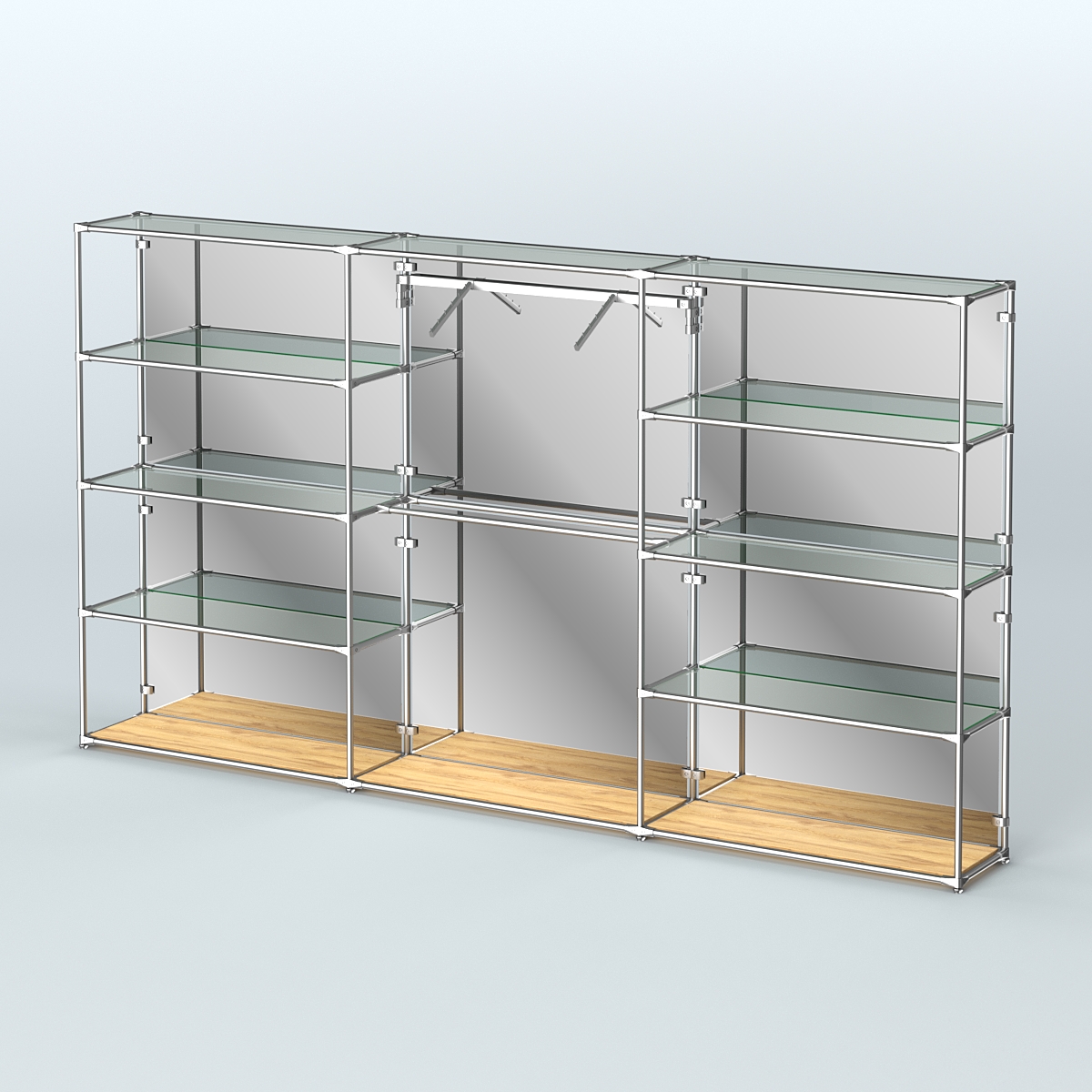 Торговая система ХРОМ (задняя стенка - зеркало) 3600 мм с прозрачными полками и поручнями №9 Дуб Золотистый