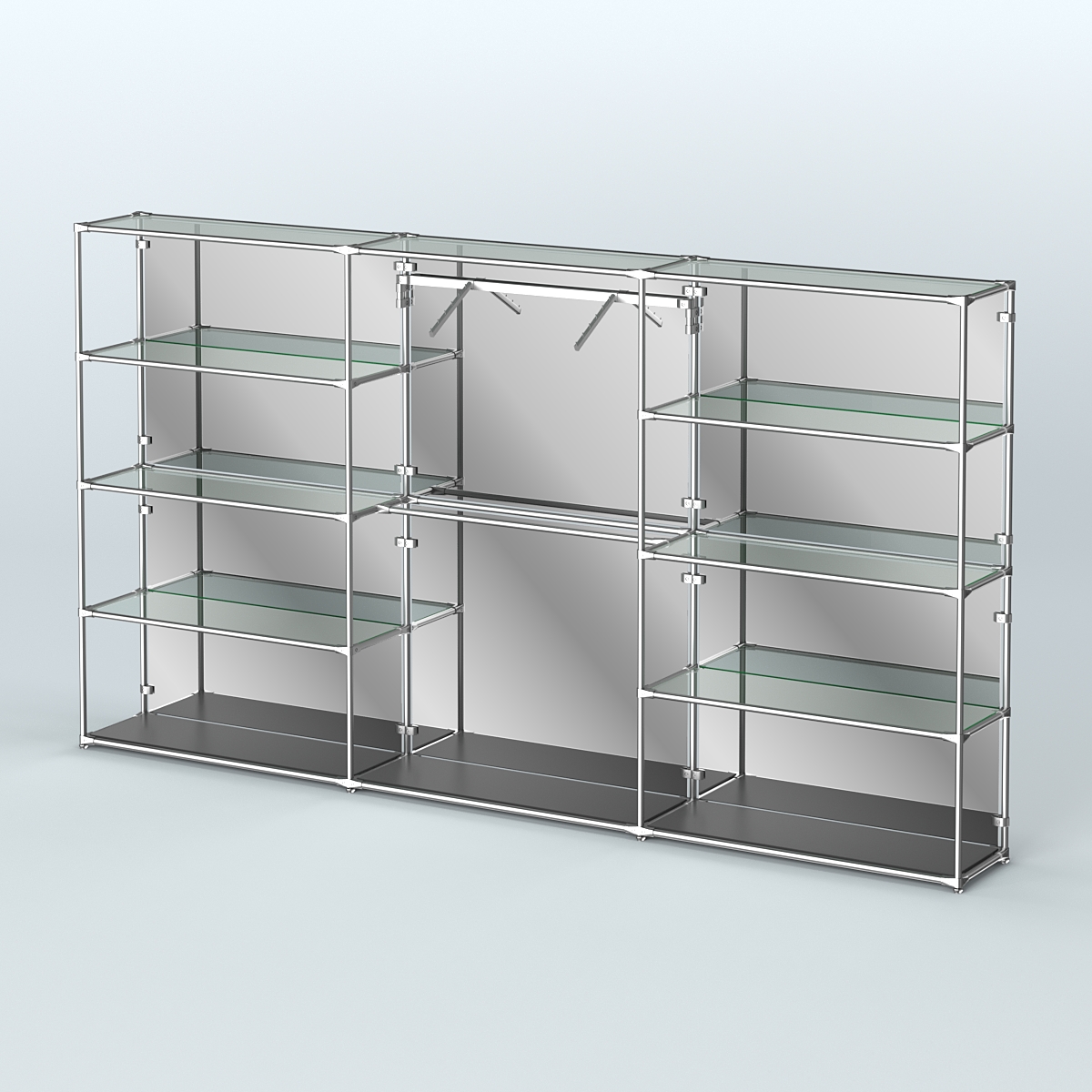 Торговая система ХРОМ (задняя стенка - зеркало) 3600 мм с прозрачными полками и поручнями №9 Черный