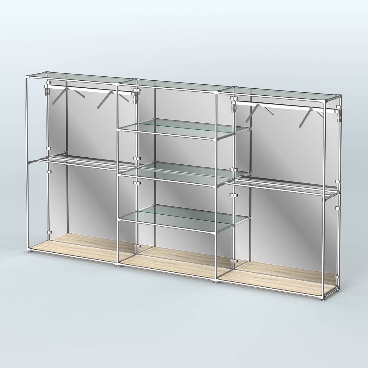 Торговая система ХРОМ (задняя стенка - зеркало) 3600 мм с прозрачными полками и поручнями №10 Дуб Сонома