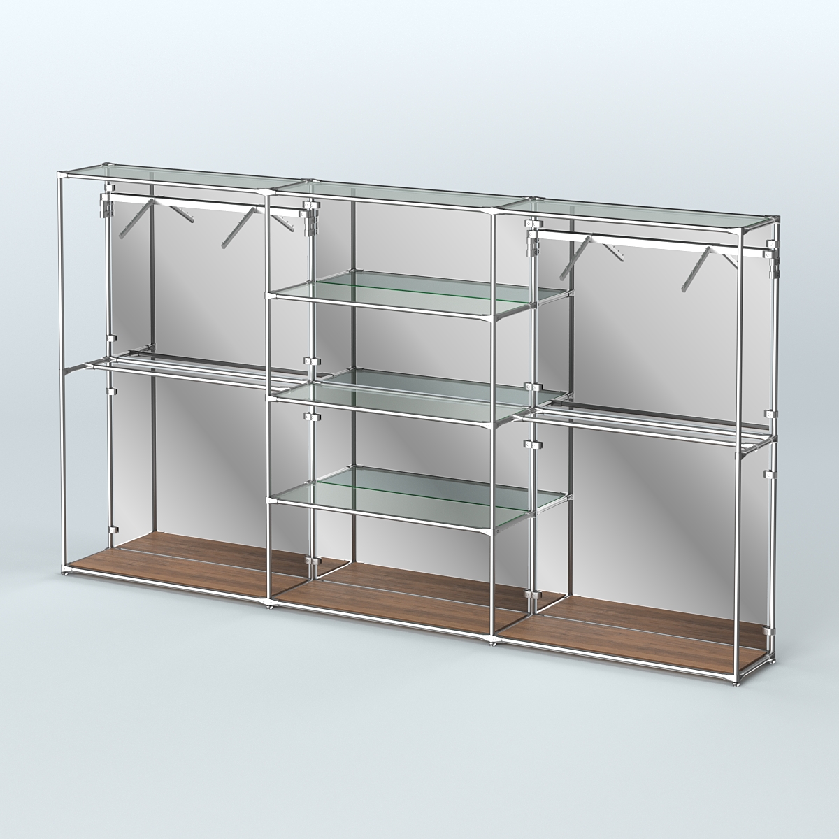 Торговая система ХРОМ (задняя стенка - зеркало) 3600 мм с прозрачными полками и поручнями №10 Орех