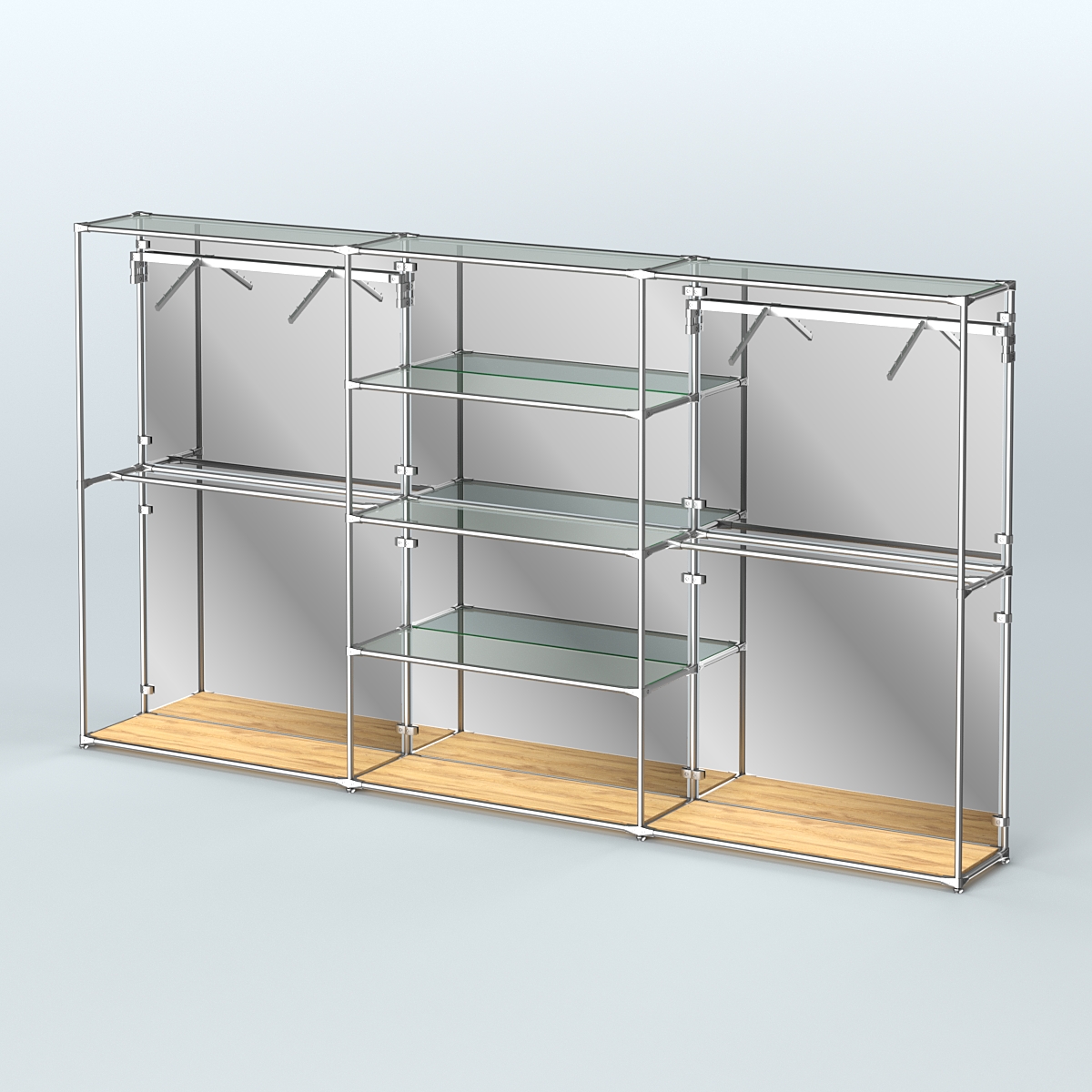 Торговая система ХРОМ (задняя стенка - зеркало) 3600 мм с прозрачными полками и поручнями №10 Дуб Золотистый