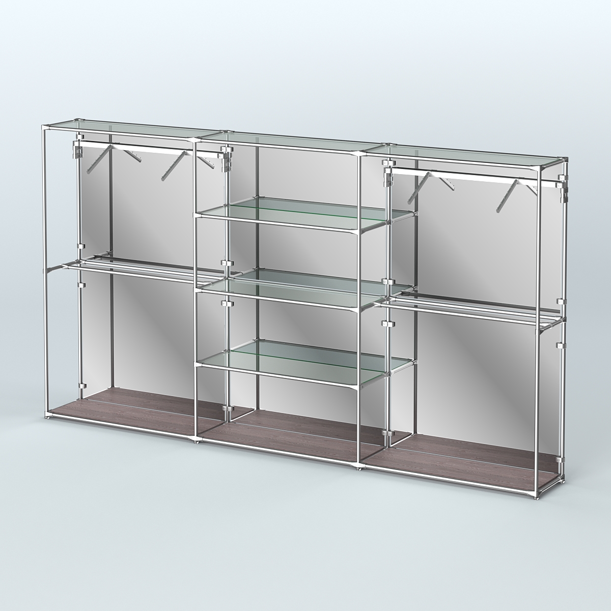 Торговая система ХРОМ (задняя стенка - зеркало) 3600 мм с прозрачными полками и поручнями №10 Ясень Анкор темный
