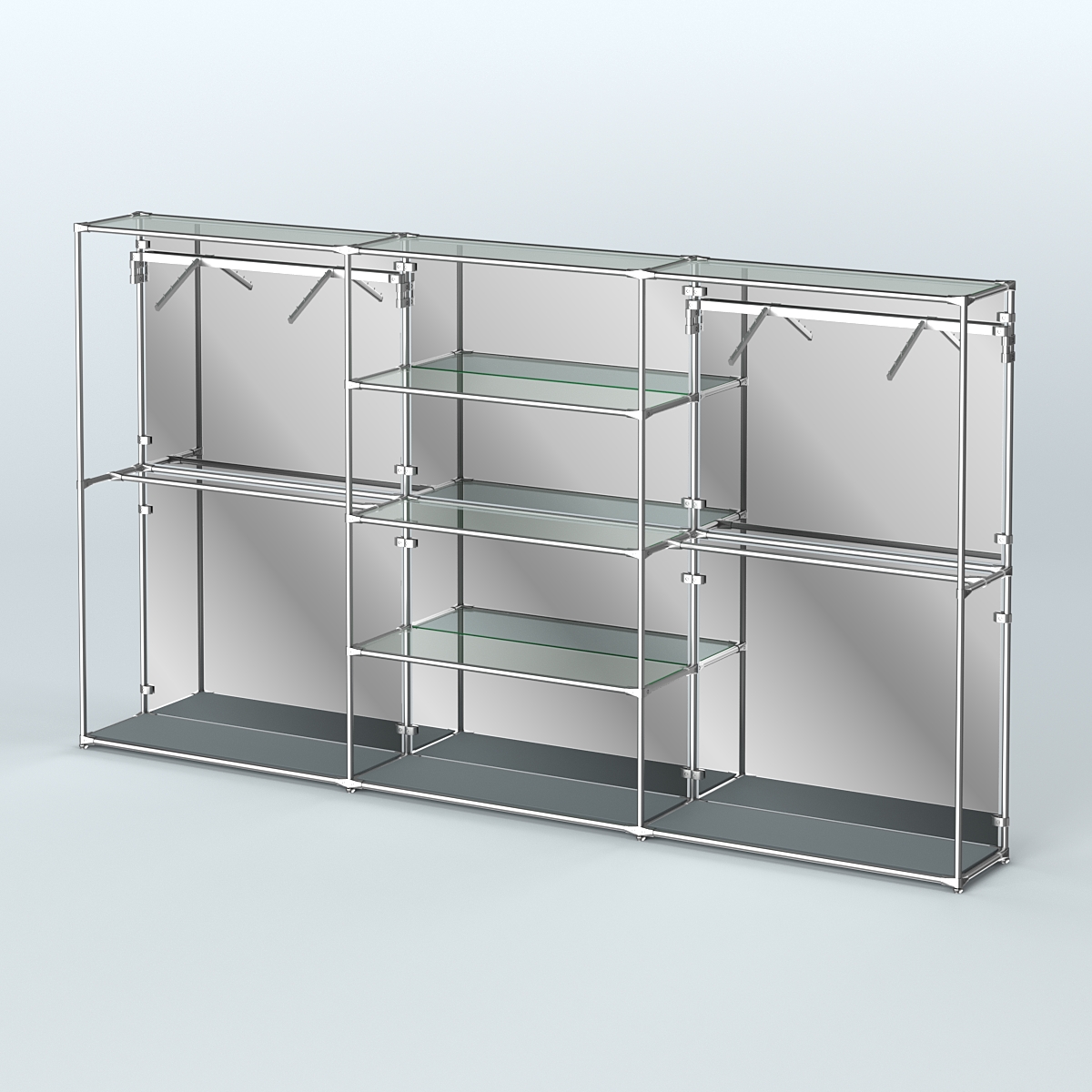 Торговая система ХРОМ (задняя стенка - зеркало) 3600 мм с прозрачными полками и поручнями №10 Темно-Серый
