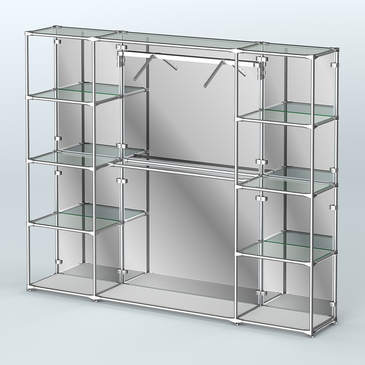 Торговая система ХРОМ (задняя стенка - зеркало) 2430 мм с прозрачными полками и поручнями №11 Серый