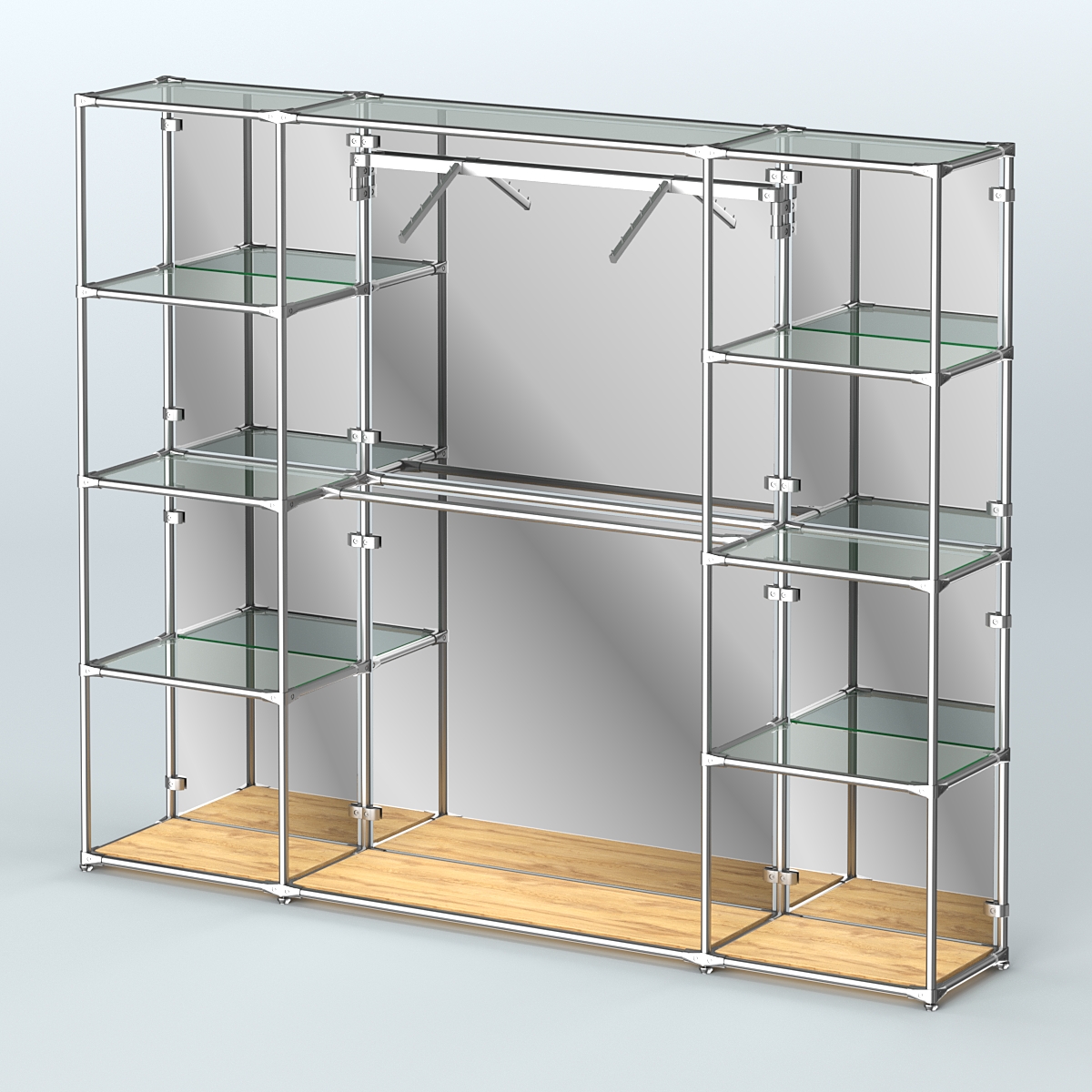 Торговая система ХРОМ (задняя стенка - зеркало) 2430 мм с прозрачными полками и поручнями №11 Дуб Золотистый