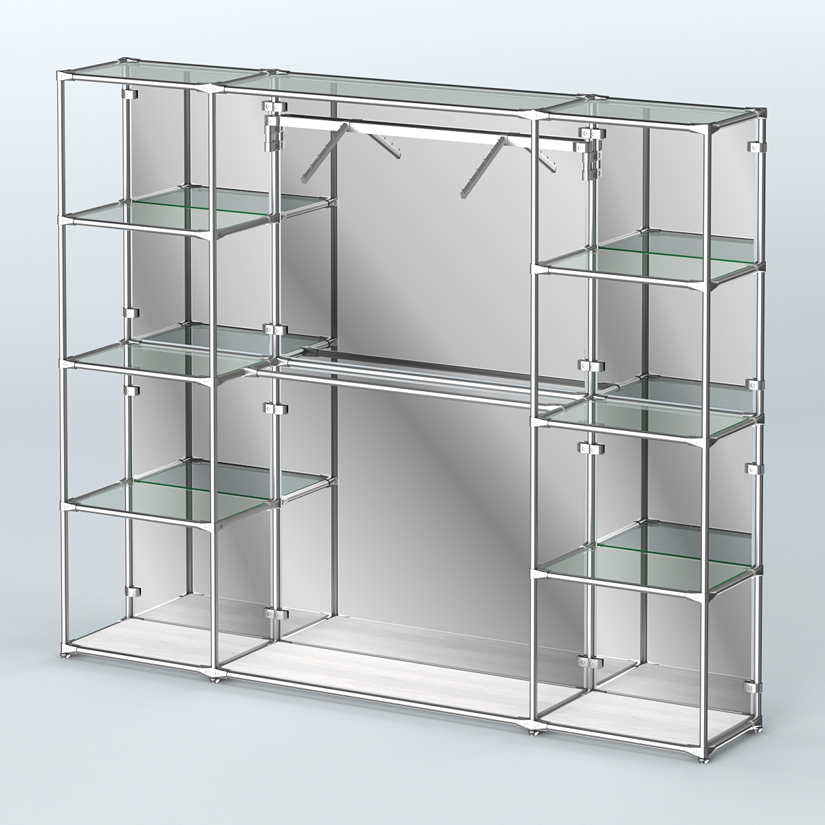 Торговая система ХРОМ (задняя стенка - зеркало) 2430 мм с прозрачными полками и поручнями №11 Ясень Анкор светлый