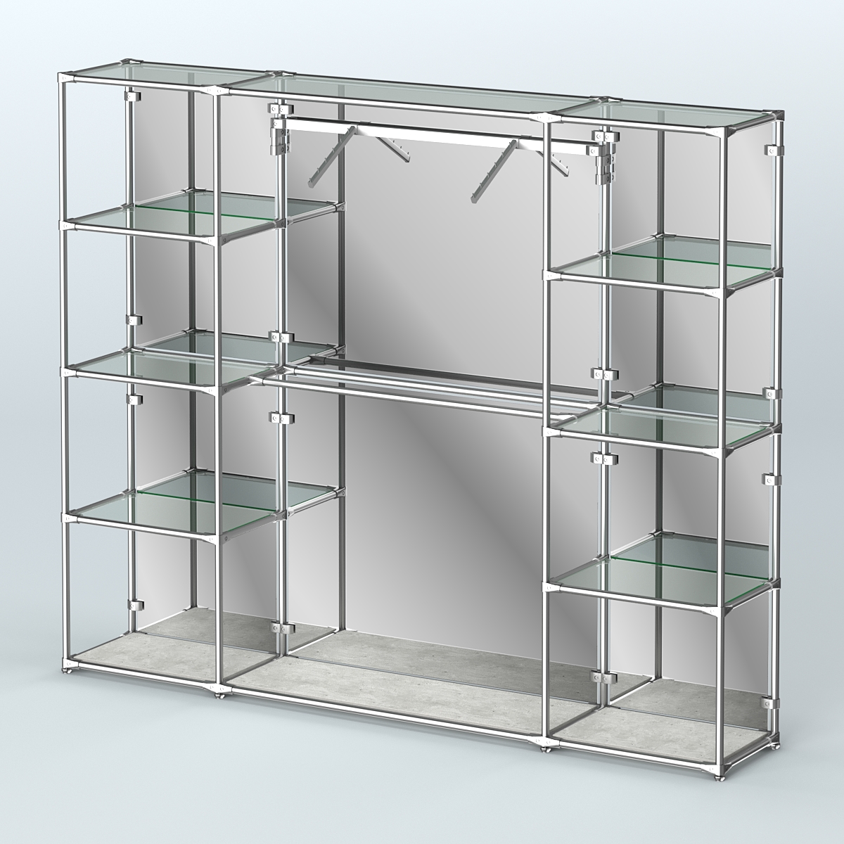 Торговая система ХРОМ (задняя стенка - зеркало) 2430 мм с прозрачными полками и поручнями №11 Метрополитан Грей