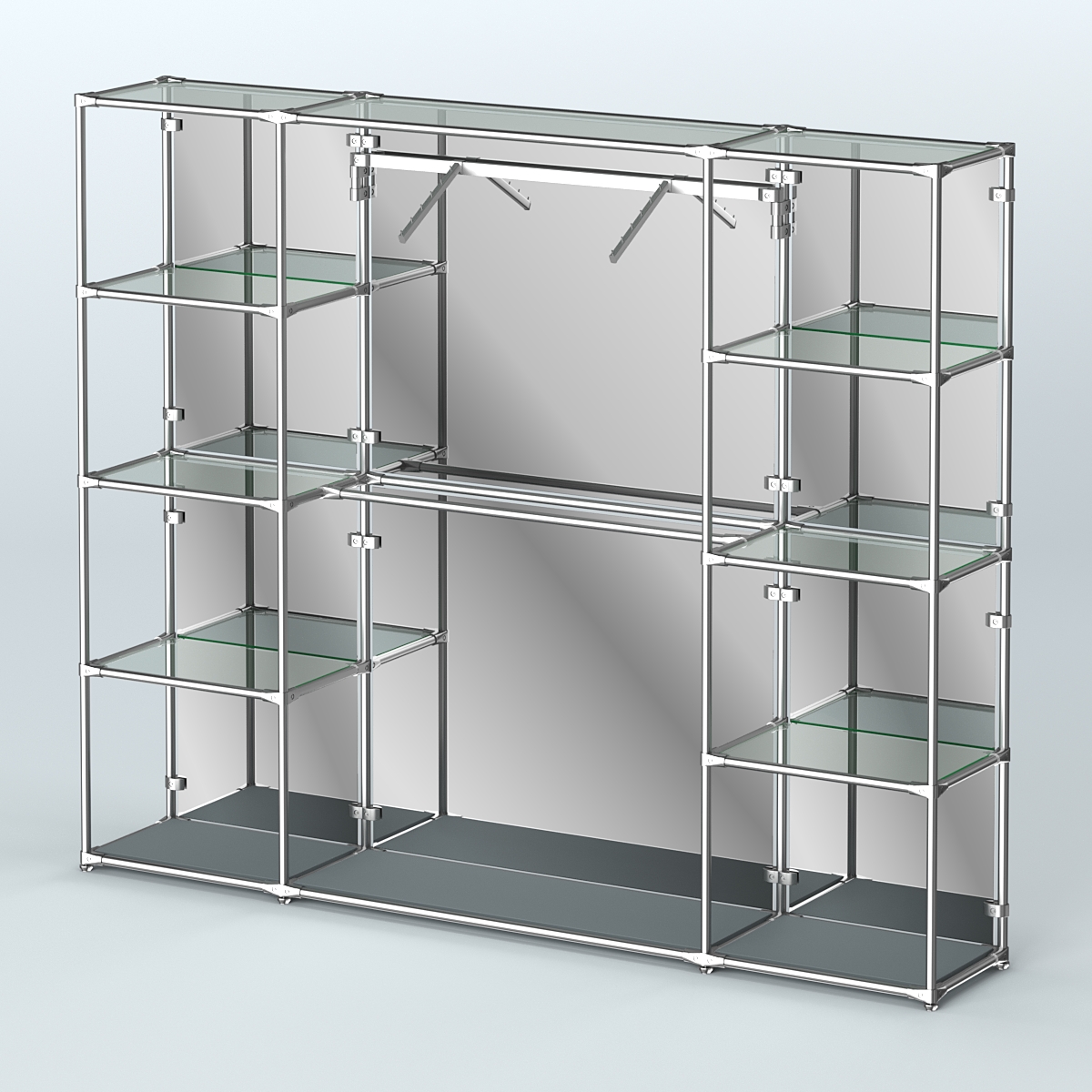 Торговая система ХРОМ (задняя стенка - зеркало) 2430 мм с прозрачными полками и поручнями №11 Темно-Серый