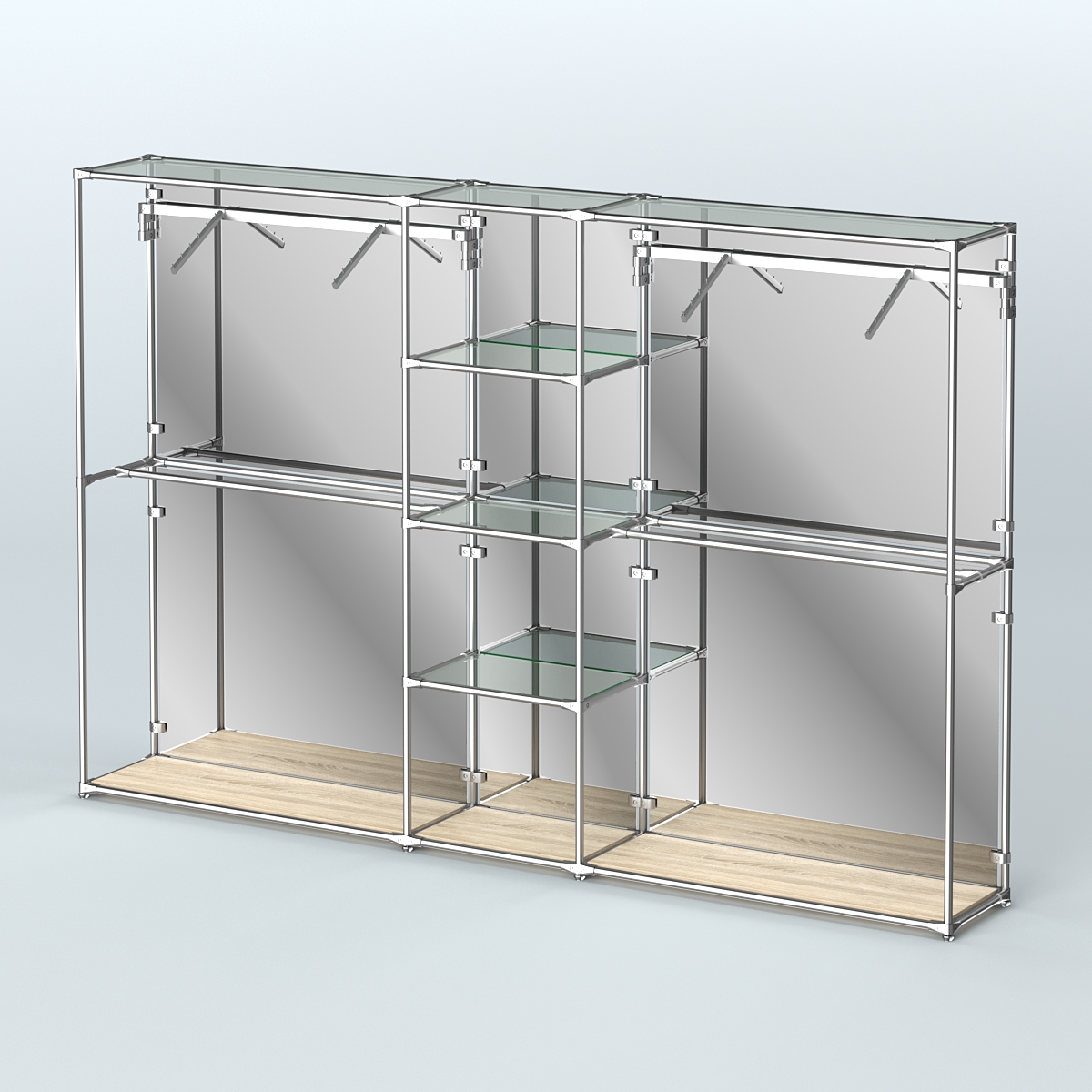 Торговая система ХРОМ (задняя стенка - зеркало) 3030 мм с прозрачными полками и поручнями №12 Дуб Сонома