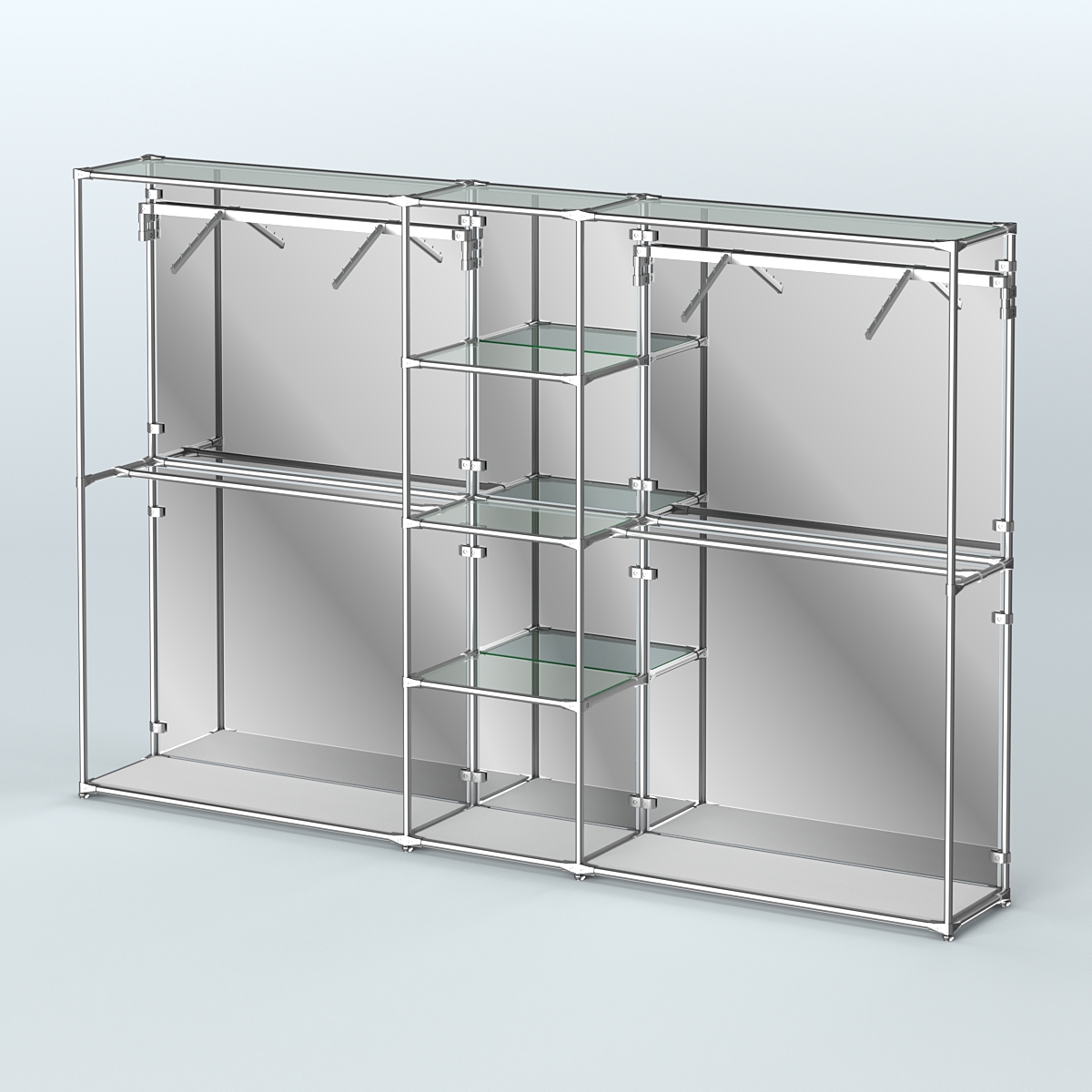 Торговая система ХРОМ (задняя стенка - зеркало) 3030 мм с прозрачными полками и поручнями №12 Серый