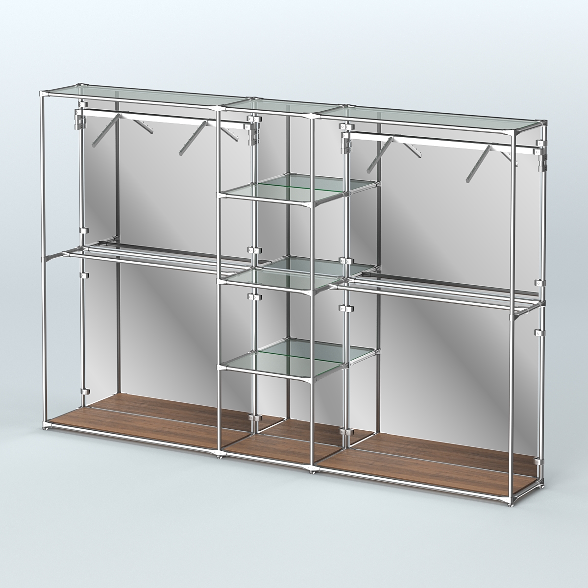 Торговая система ХРОМ (задняя стенка - зеркало) 3030 мм с прозрачными полками и поручнями №12 Орех