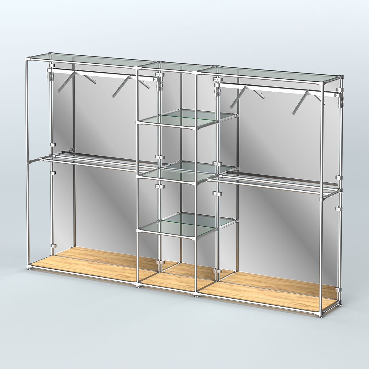 Торговая система ХРОМ (задняя стенка - зеркало) 3030 мм с прозрачными полками и поручнями №12 Дуб Золотистый