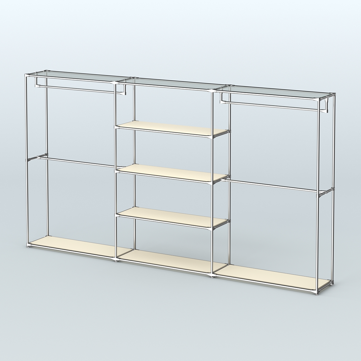 Торговая система ХРОМ без ДСП 3600 мм с полками ДСП и поручнями №2 Крем Вайс