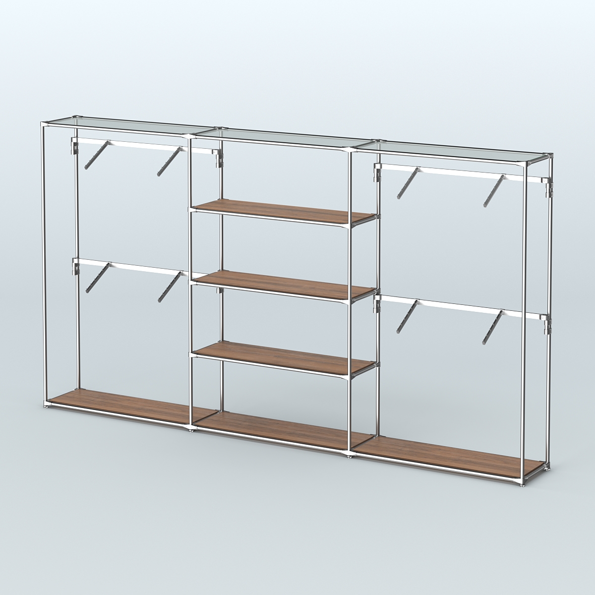 Торговая система ХРОМ без ДСП 3600 мм с полками ДСП и поручнями №5 Орех