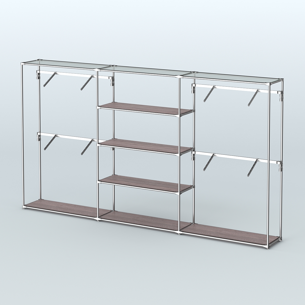 Торговая система ХРОМ без ДСП 3600 мм с полками ДСП и поручнями №5 Ясень Анкор темный